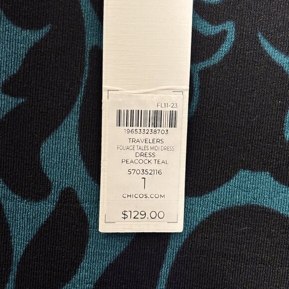Chicos Travelers Peacock Teal Foliage Tales Midi Dress Long Sleeve - Picture 6 of 10